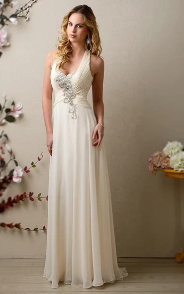 Halter Chiffon Wedding Dress With Ruched Bodice And Pearls