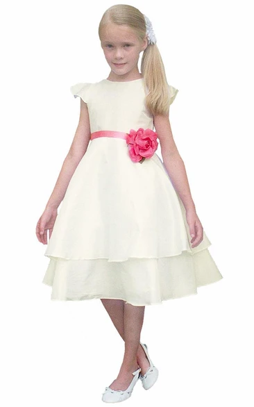 Tea-Length Cap-Sleeve Taffeta Flower Girl Dress