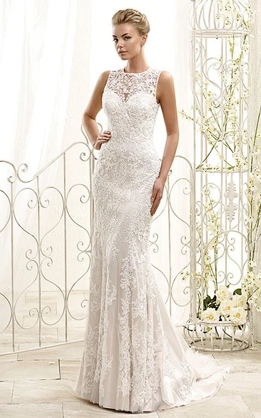 Sheath Long-Sleeveless High Neck Lace Wedding Dress With Appliques And Illusion