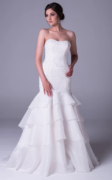 Trumpet Strapless Appliqued Floor-Length Organza Wedding Dress With Tiers And V Back