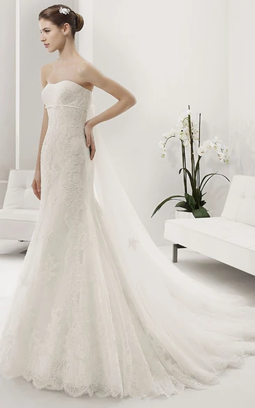 Strapless Allover Lace Sheath Bridal Gown With Sash