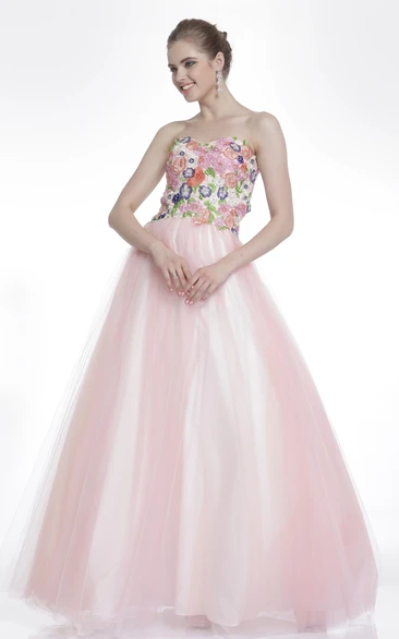 A-Line Floor-Length Sweetheart Sleeveless Tulle Dress With Appliques