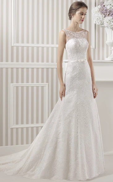 A-Line Scoop Sleeveless Floor-Length Lace Wedding Dress With Sweep Train