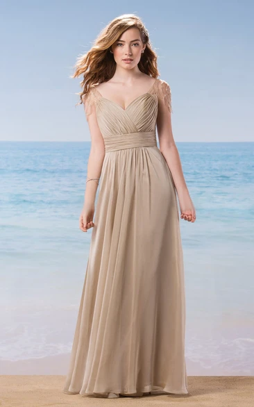 Cap-Sleeved V-Neck A-Line Bridesmaid Dress With Beadings And V-Back