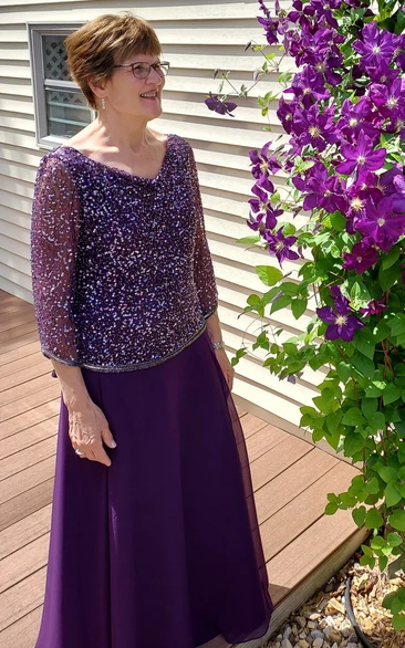 Sequins A-Line Simple Mother Of The Bride Dress With Low-V Back And Illusion Sleeve