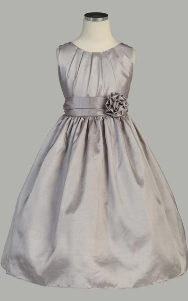 Tea-Length Pleated Taffeta Flower Girl Dress