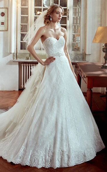 Sweetheart A-Line Wedding Dress with Multi-Tier Train and Beaded Belt