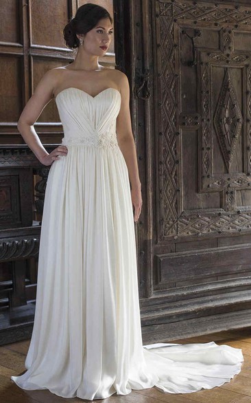 Pleated Sweetheart Maxi Chiffon Wedding Dress With Ruching And Flower