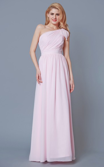 Sleeveless One Shoulder Ruched Chiffon Gown With Sash