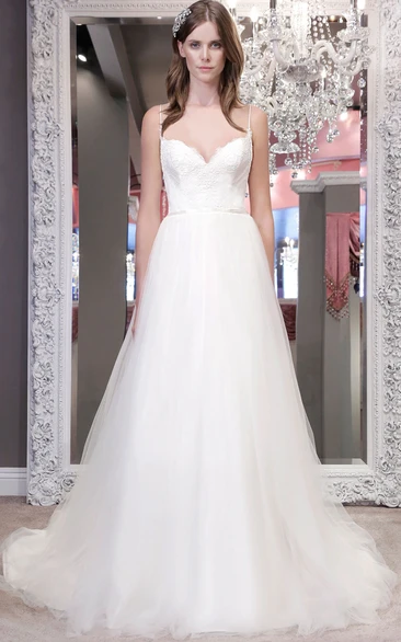 A-Line Spaghetti Lace Floor-Length Sleeveless Tulle Wedding Dress With Backless Style And Ruffles