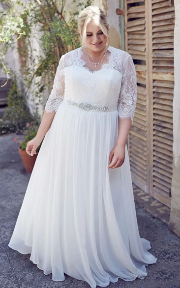 Jeweled Half-Sleeve V-Neck Chiffon Plus Size Wedding Dress With Pleats
