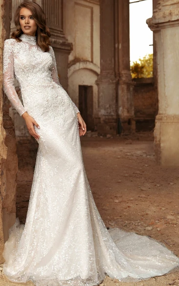 Modern Sheath Long Sleeve Court Train Lace Button Wedding Dress with Appliques