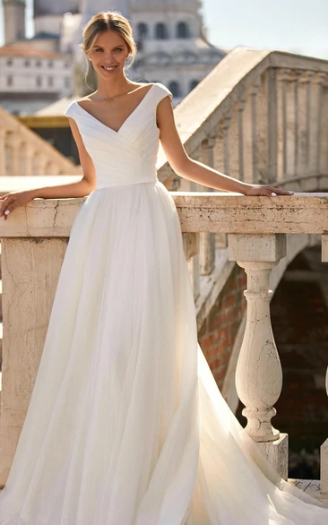 Satin Chiffon Bohemian Wedding Dress with Low-V Back A-Line V-Neck Dress