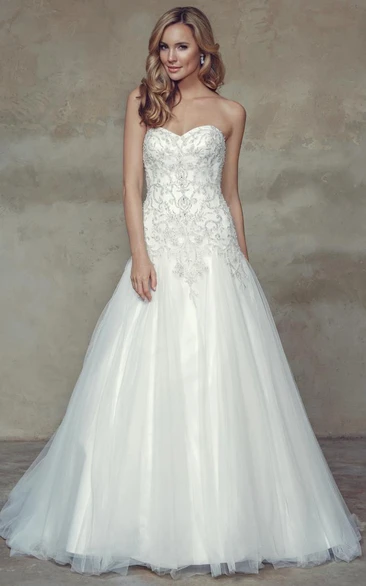 A-Line Long Sweetheart Tulle Wedding Dress With Crystal Detailing And Corset Back