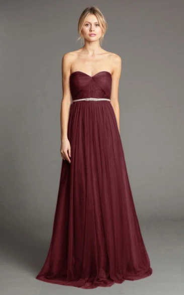 Floor-Length Sweetheart Ruched Tulle Bridesmaid Dress With Waist Jewellery