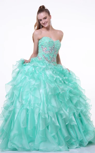 Ball Gown Long Sweetheart Sleeveless Organza Lace-Up Dress With Beading And Ruffles