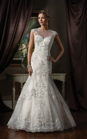 High-Neck Cap-Sleeved Mermaid Gown With Appliques And Illusion Back