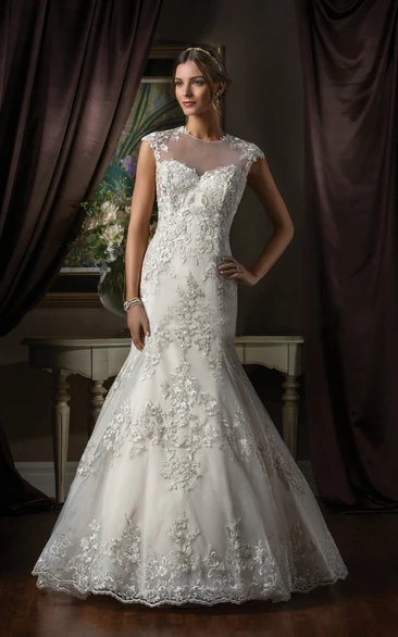 High-Neck Cap-Sleeved Mermaid Gown With Appliques And Illusion Back