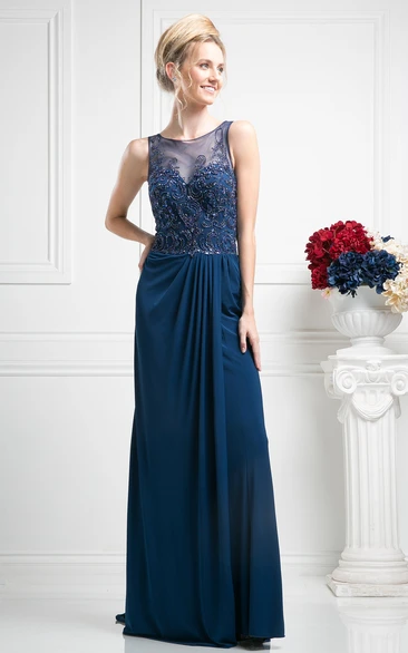 Sheath Long Scoop-Neck Sleeveless Jersey Illusion Dress With Beading And Draping