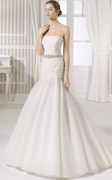 A-Line Strapless Floor-Length Jeweled Sleeveless Tulle&Satin Wedding Dress With Ruching And Backless Style