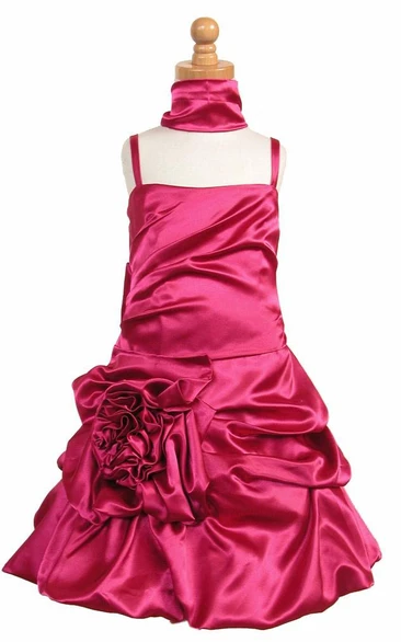 Cape Midi Floral Ruched Satin Flower Girl Dress With Ribbon