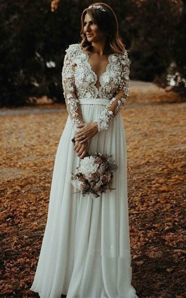 Bohemian Plunging Neckline A Line Chiffon Wedding Dress with Split Front