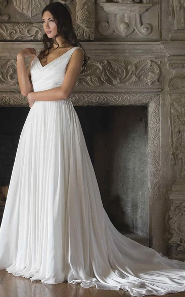 A-Line Long Pleated Sleeveless V-Neck Chiffon Wedding Dress With Ruching And Backless Design
