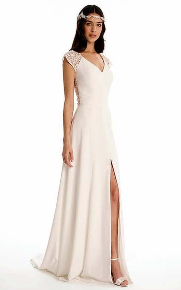 V-Neck Floor-Length Appliqued Cap-Sleeve Chiffon Wedding Dress
