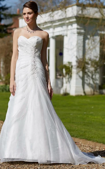 A-Line Sweetheart Beaded Satin Wedding Dress With Criss Cross And Lace Up