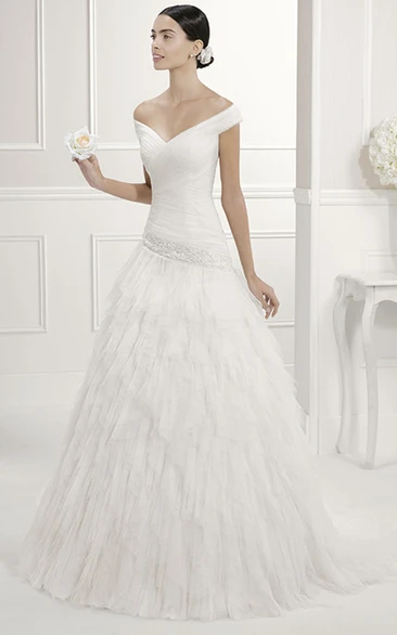 Off Shoulder V Neck Drop Waist Bridal Gown With Tiered Tulle Skirt