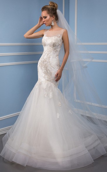 Trumpet Bateau Sleeveless Floor-Length Appliqued Tulle Wedding Dress With Illusion Back And Ruffles