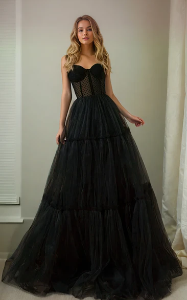 Black Tulle A-Line Adorable Sweetheart Spaghetti Wedding Dress Corset Back Simple Ruching with Sweep Train