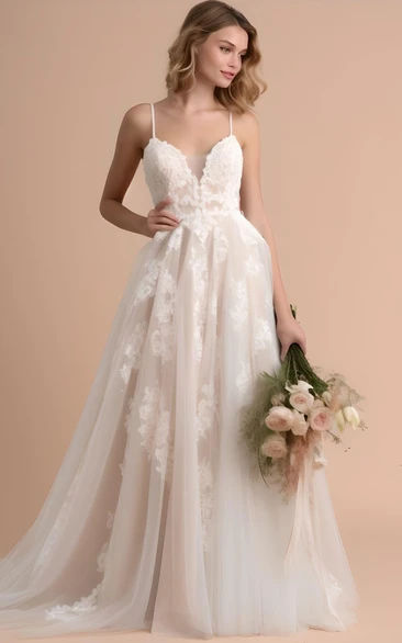 Romantic A-Line Tulle Sleeveless Wedding Dress with V-neck Elegant Country Garden Style