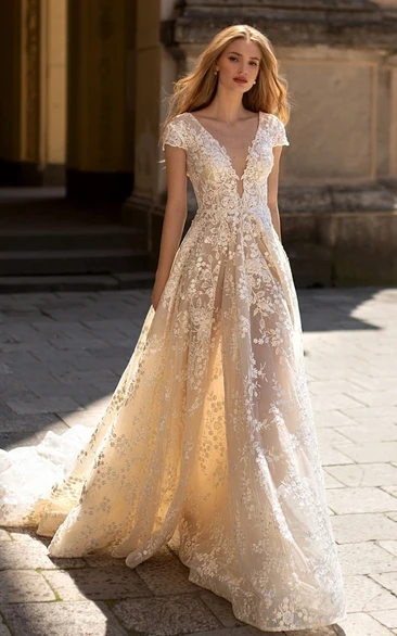 Lace a line wedding outlet dress with cap sleeves