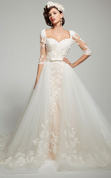 Ball Gown 3-4-Sleeve Square-Neck Tulle&Lace Wedding Dress With Keyhole