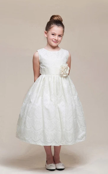 Tea-Length Beaded Floral Lace Flower Girl Dress With Ribbon