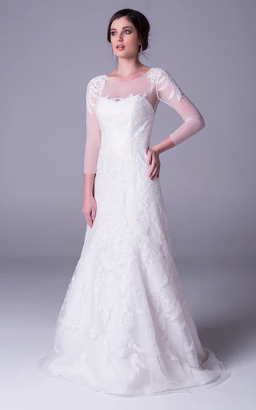 Floor-Length Scoop Appliqued 3-4-Sleeve Lace Wedding Dress
