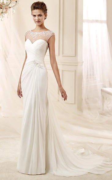 Cap Sleeve Draping Chiffon Wedding Dress With Bandage Waist And Illusive Neckline