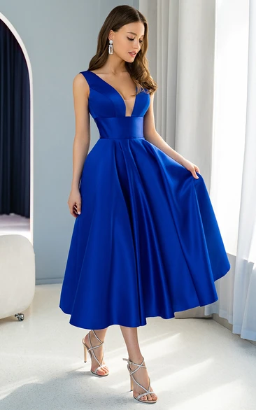 Sexy A Line Satin Plunging Neck Tea-length Cocktail Dress with Ruching