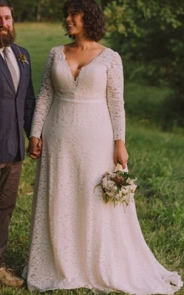 Modern V-neck A Line Lace Long Sleeve Floor-length Wedding Dress