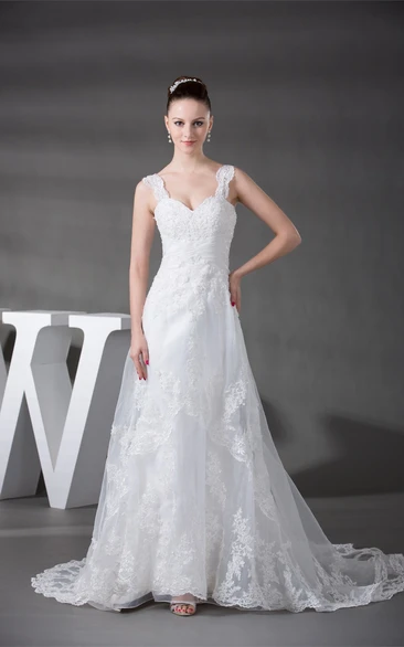 Strapped Sleeveless Lace A-Line Wedding Gown with Ruching and Beading