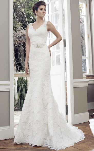 Sheath V-Neck Sleeveless Appliqued Floor-Length Lace Wedding Dress With Flower And Low-V Back