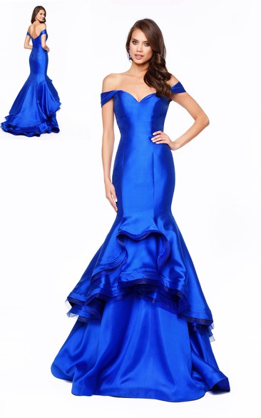 Mermaid Floor-Length Off-The-Shoulder Satin Low-V Back Dress With Tiers