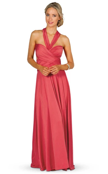 A-Line Pleated Sleeveless Floor-Length V-Neck Chiffon Convertible Bridesmaid Dress With Bow