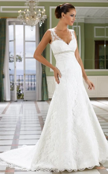 A-Line V-Neck Floor-Length Jeweled Sleeveless Lace Wedding Dress With Court Train And Low-V Back
