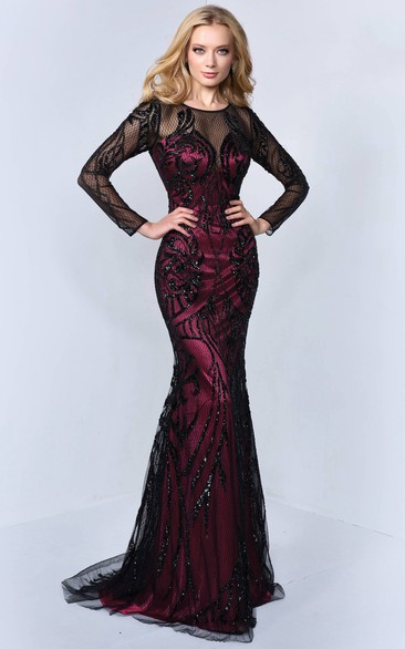 Mermaid Maxi Scoop-Neck Long Sleeve Tulle Satin Illusion Dress With Sequins