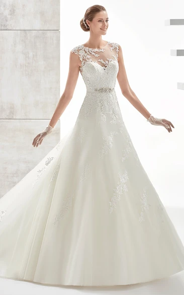 Jewel-neck A-line Wedding Dress With Beaded Belt and Illusive Design