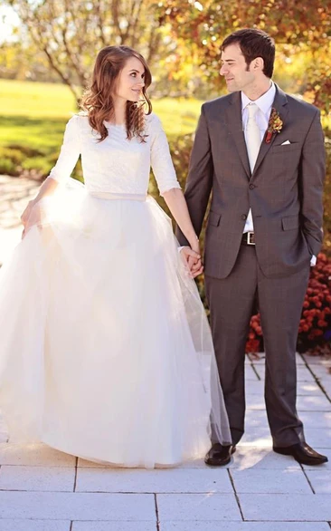A Line Jewel Lace Tulle Button Zipper Wedding Dress