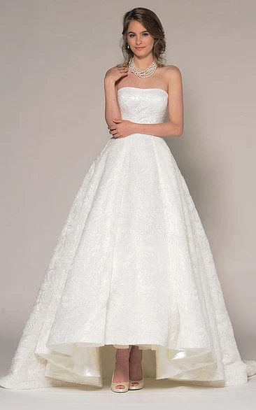 High-Low Strapless Beaded Lace Wedding Dress With V Back