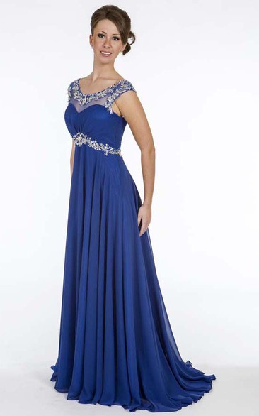 A-Line Beaded Empire Long Scoop Cap-Sleeve Chiffon Prom Dress With Waist Jewellery And Ruching